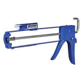 Image of Newborn 111 Skeleton Caulking Gun with seal puncture tool, spout cutter, ladder hook, and CaulkBuddy finishing tool with caps.