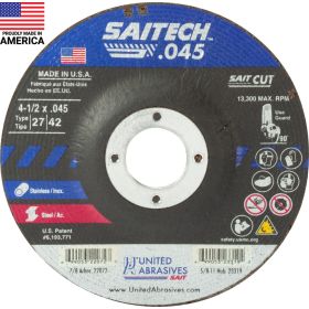 United Abrasives Sait 4-1/2" x .045" 7/8" Stainless Steel T27 Cut-Off Wheel - Box of 50