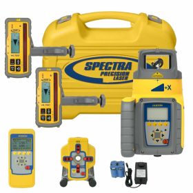 The Spectra Precision Laser kit comes with the universal laser, radio remote, 2 HL760 with clamps, a spot finders, and a rechargeable battery and charger.