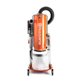 Front view of Husqvarna DC6000 3 phase industrial dust collector. Shown with longopac dust and debris collection bag