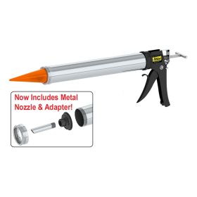 The Albion DL-45-T14 20oz Sausage Caulking Gun, with its 20 oz. core, orange cone nozzles, and swivel handle, is perfect for both sausage and bulk applications. now includes metal nozzle adapter!