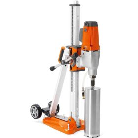 Husqvarna DMS240 electric drill motor and stand system with core bit attached, ready for drilling