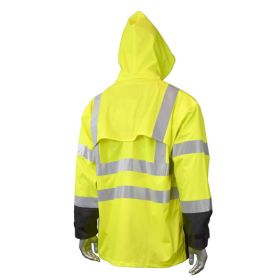 Radians RW07 High Visibility Rain Jacket back view with hood up