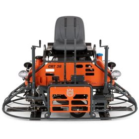 Front view of the Husqvarna CRT36-26A riding trowel, highlighting its robust construction and dual trowel blades for large surface coverage.